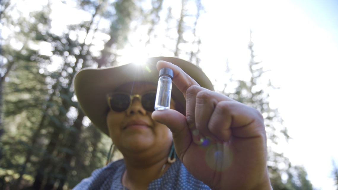 Woman in a river bed collecting a water sample